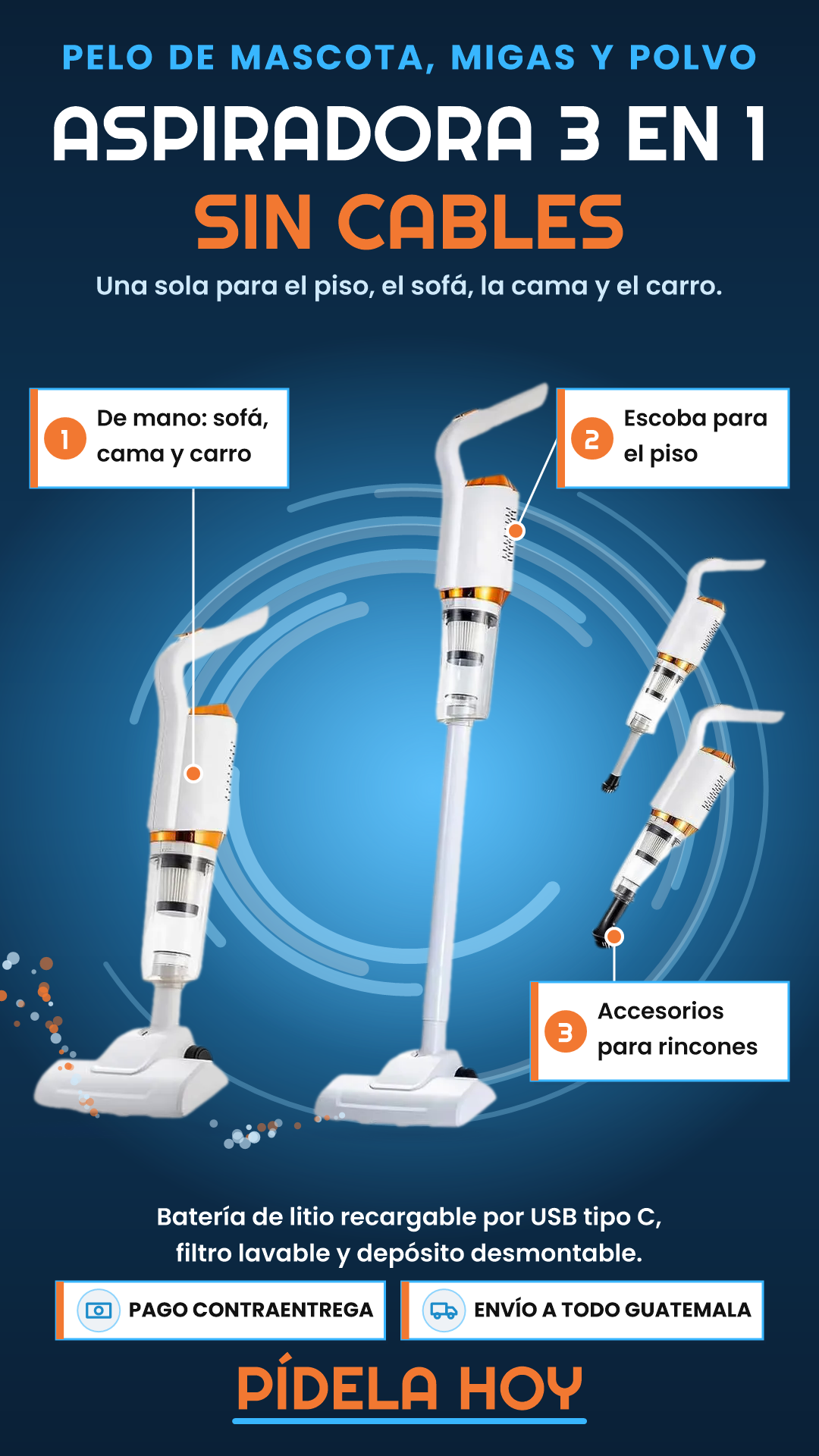 ASPIRADORA 3 EN 1 INALÁMBRICA – LIMPIA EL PISO, EL SOFÁ, LA CAMA Y EL CARRO SIN CABLES
