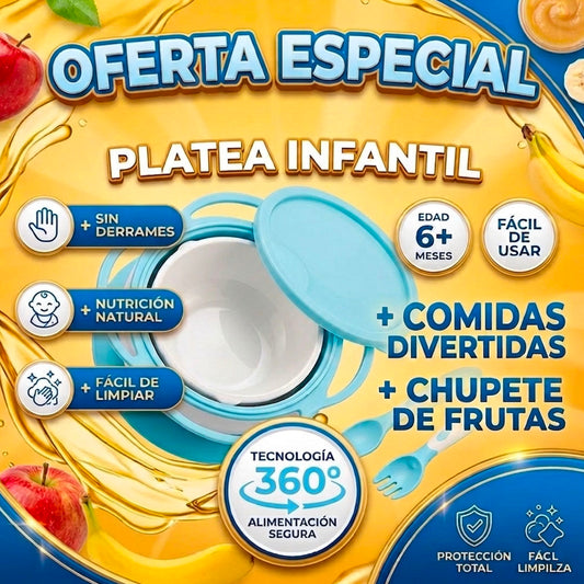PLATO GYRO BOWL 360° ANTI-DERRAME + CHUPETE ALIMENTADOR DE FRUTA | ENVÍO GRATIS 🇬🇹