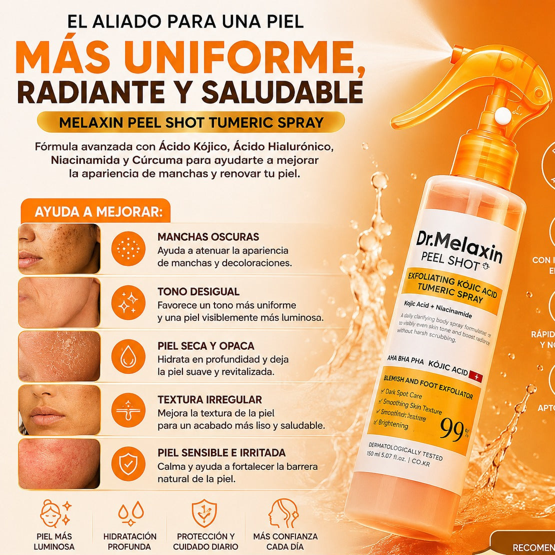 DR. MELAXIN PEEL SHOT SPRAY | SPRAY EXFOLIANTE ACLARANTE PARA MANCHAS EN AXILAS, RODILLAS Y CODOS | ENVÍO GRATIS